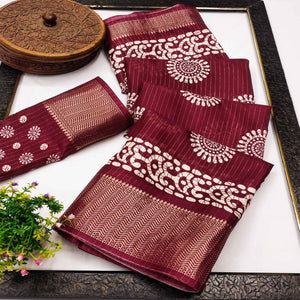 Classic Maroon Dola Silk Saree Adorned with Floral Motifs & Rich Zari Work