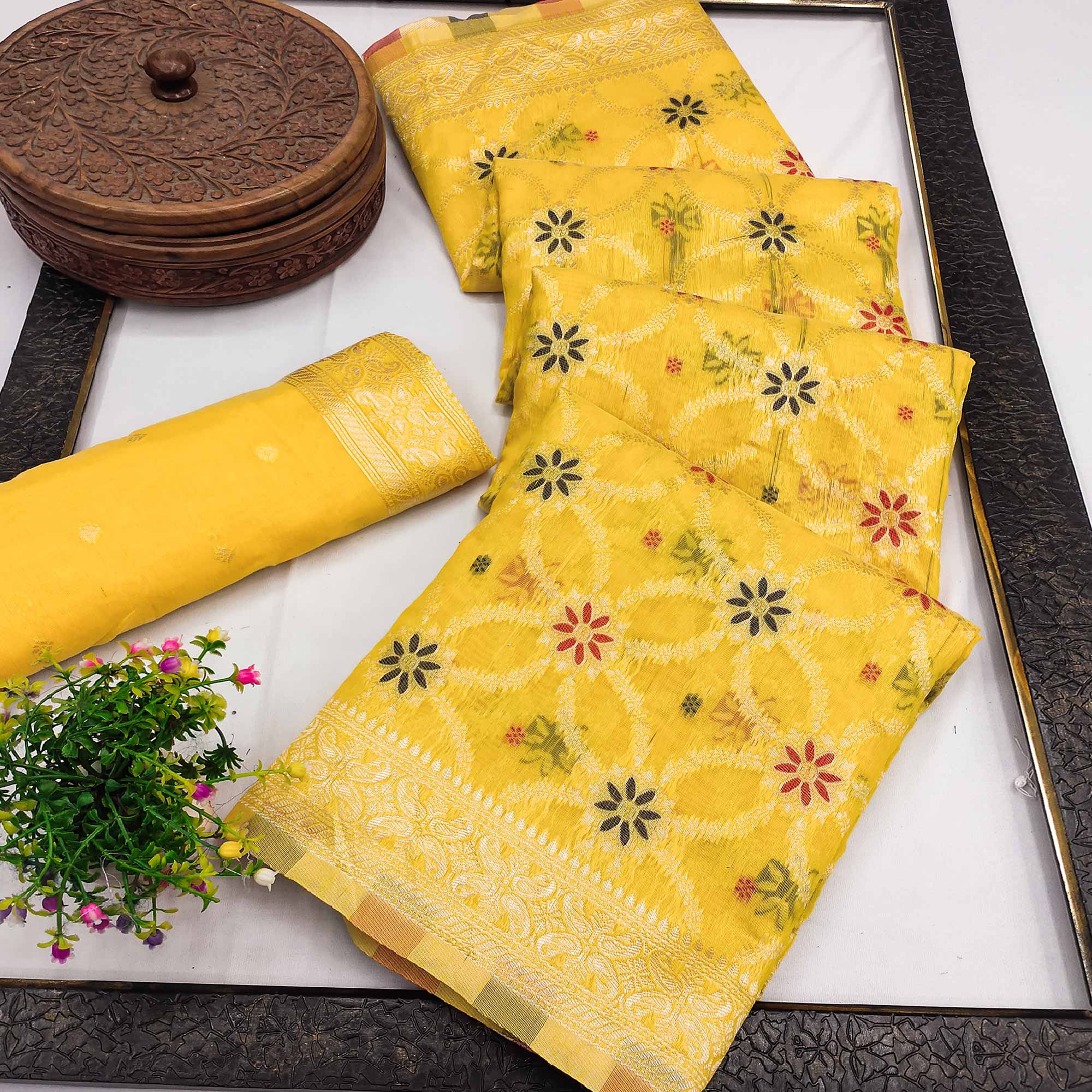 Rich Yellow Saree in Banarasi Silk with Heritage Floral Zari Design