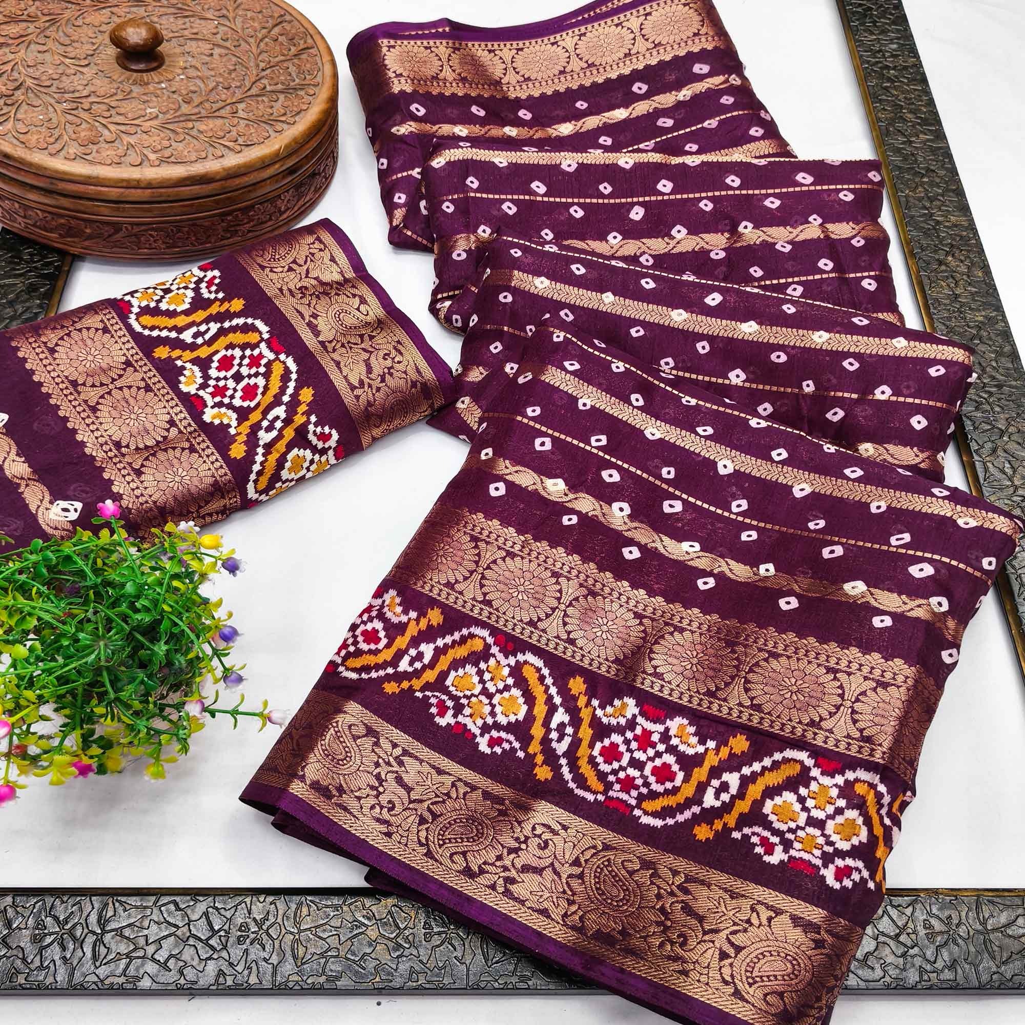 Deep Purple Bandhani Printed Dola Silk Saree Enhanced With Fine Weaving Accents