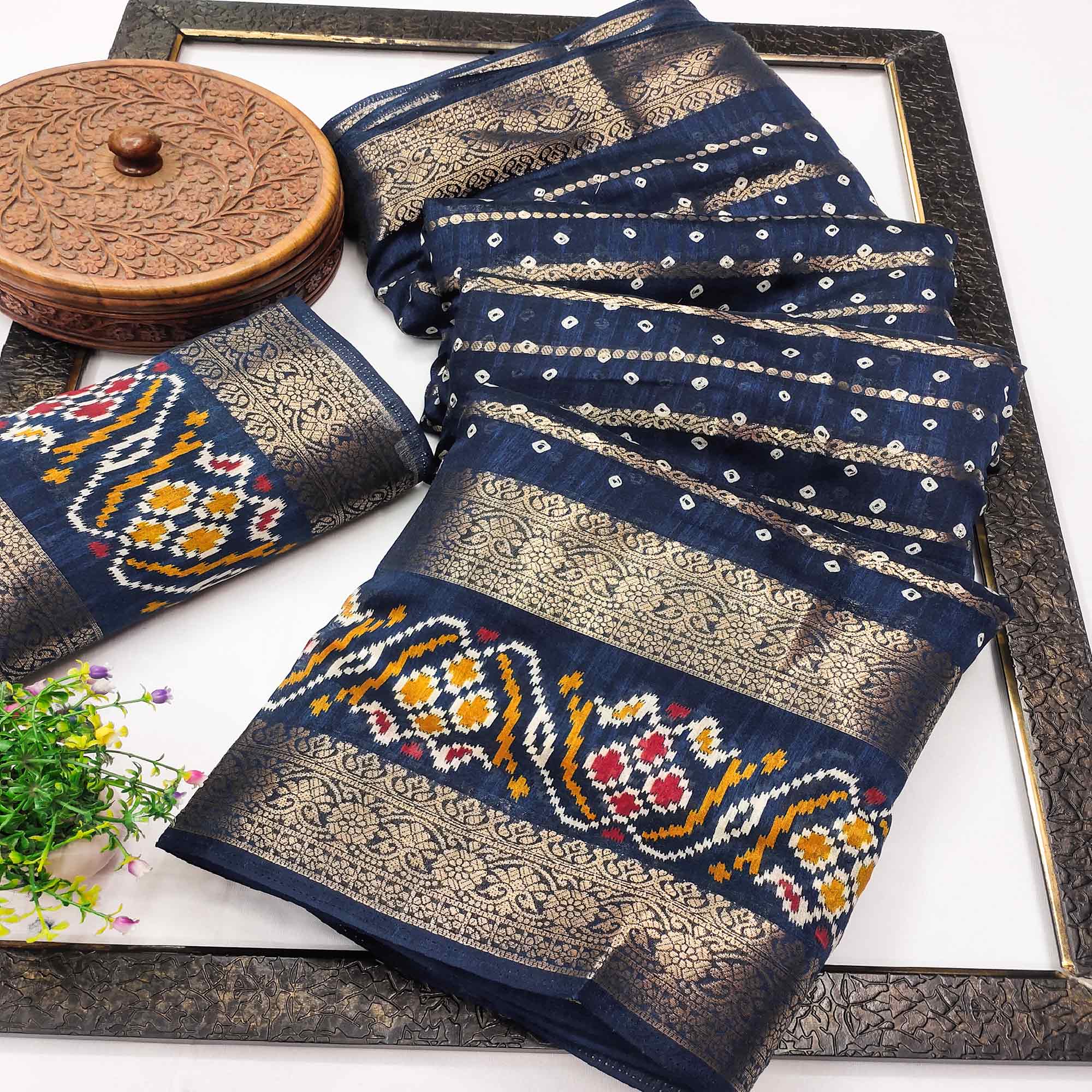 Navy Blue Bandhani Printed Dola Silk Saree Enhanced With Fine Weaving Accents