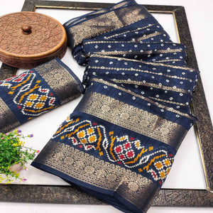 Navy Blue Bandhani Printed Dola Silk Saree Enhanced With Fine Weaving Accents