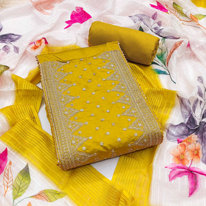 Yellow Golden Thread Embroidered On Viscose Dress Material
