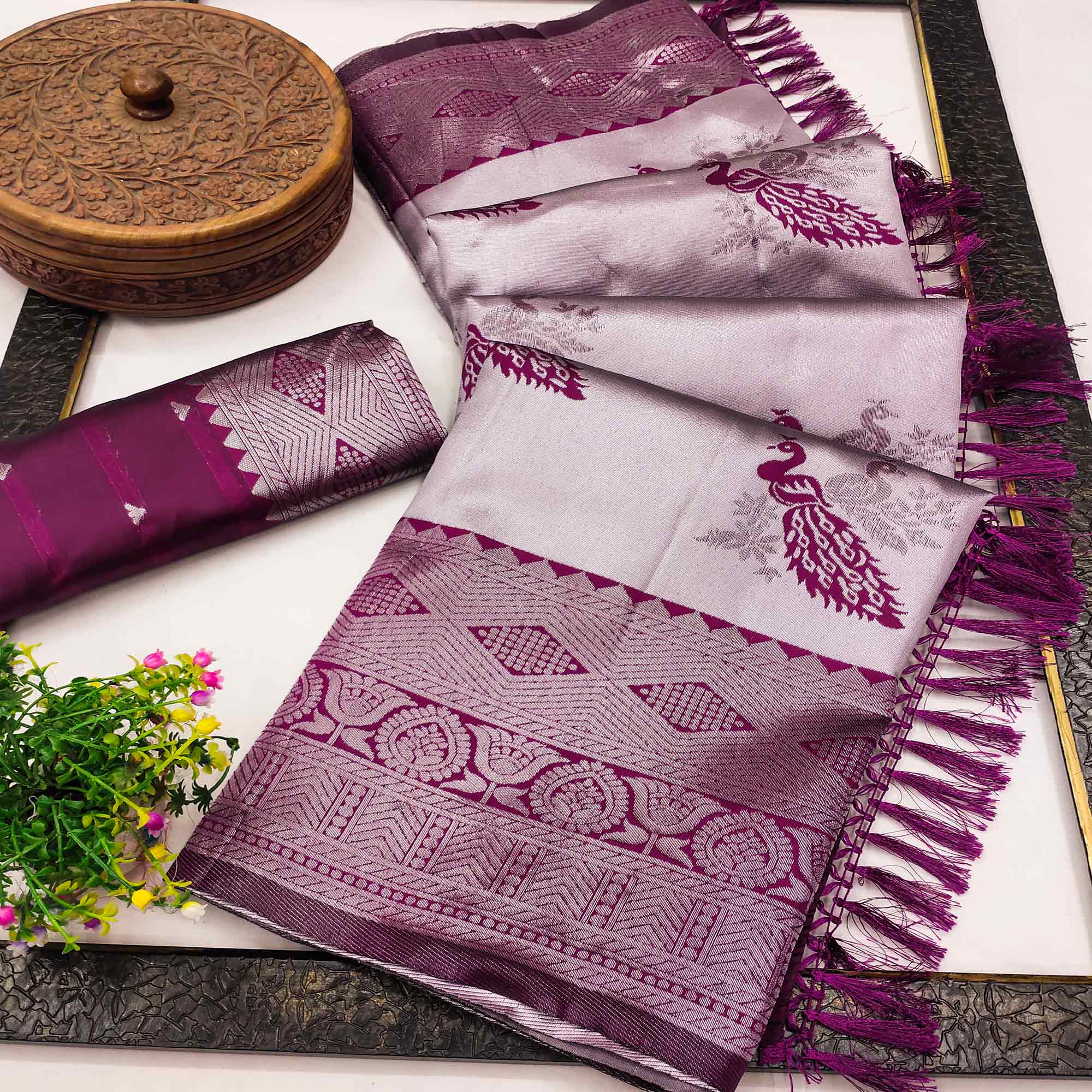 Light Purple Banarasi Silk Saree Featuring Zari Weaving Peacock Pattern & Luxe Tassels