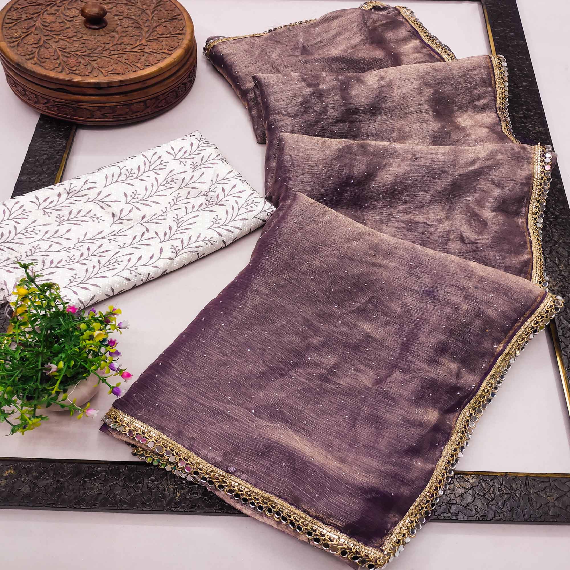 Muted Purple Organza Saree with Stone Embellishments and Mirror Trim