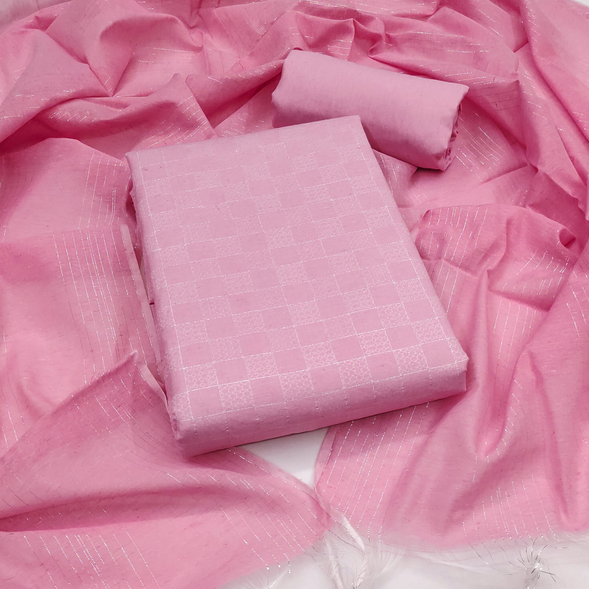 Soft and Breathable Pure Cotton Dress Material in Pink with Timeless Checkered Design