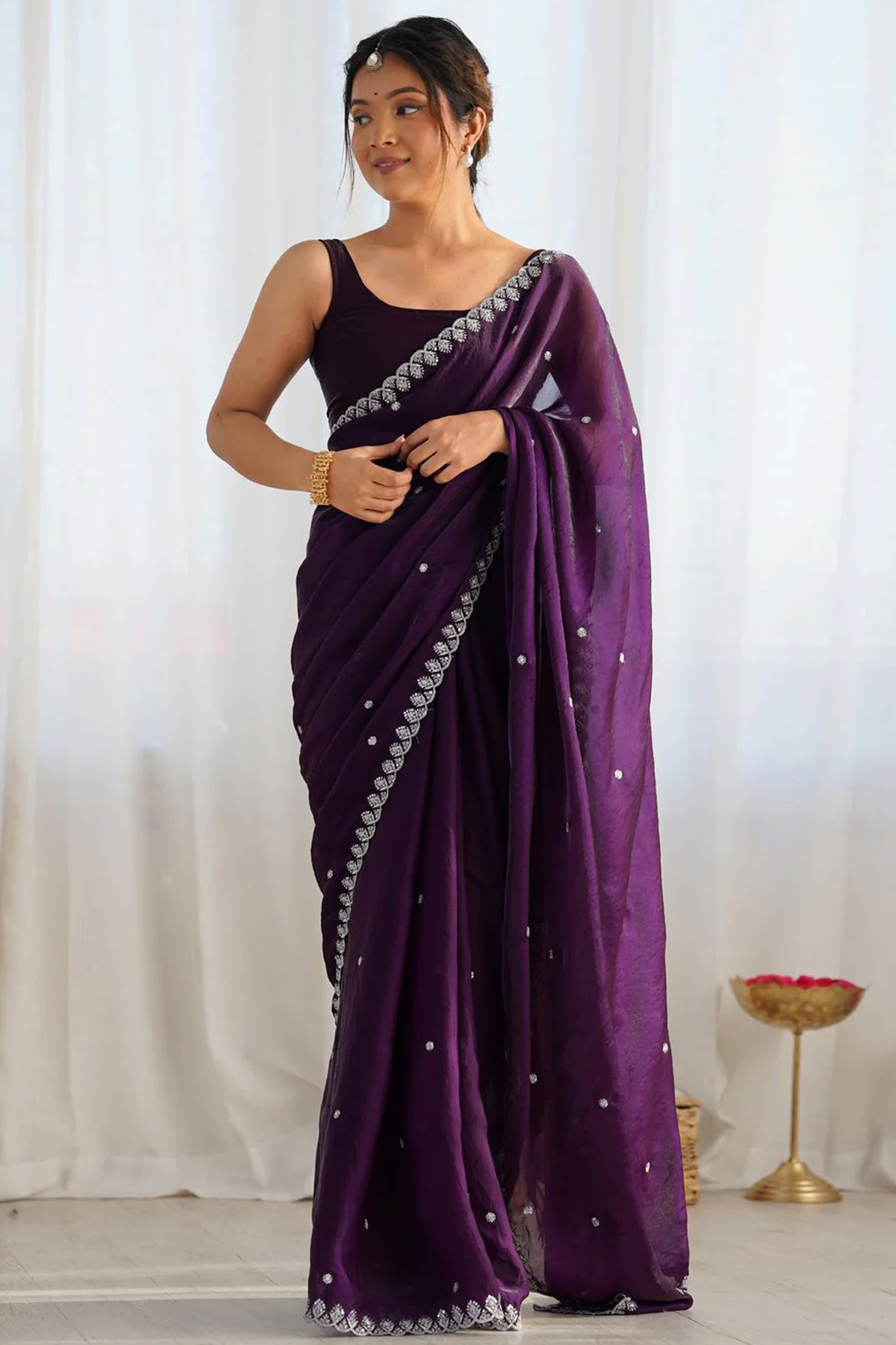 Stunning Dark Purple Organza Satin Silk Saree Adorned With Floral Sequin Zari Embroidery Work