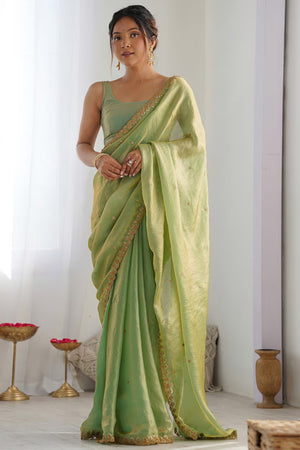 Stunning Green Organza Satin Silk Saree Adorned With Floral Sequin Zari Embroidery Work