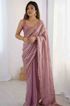 Stunning Mauve Organza Satin Silk Saree Adorned With Floral Sequin Zari Embroidery Work