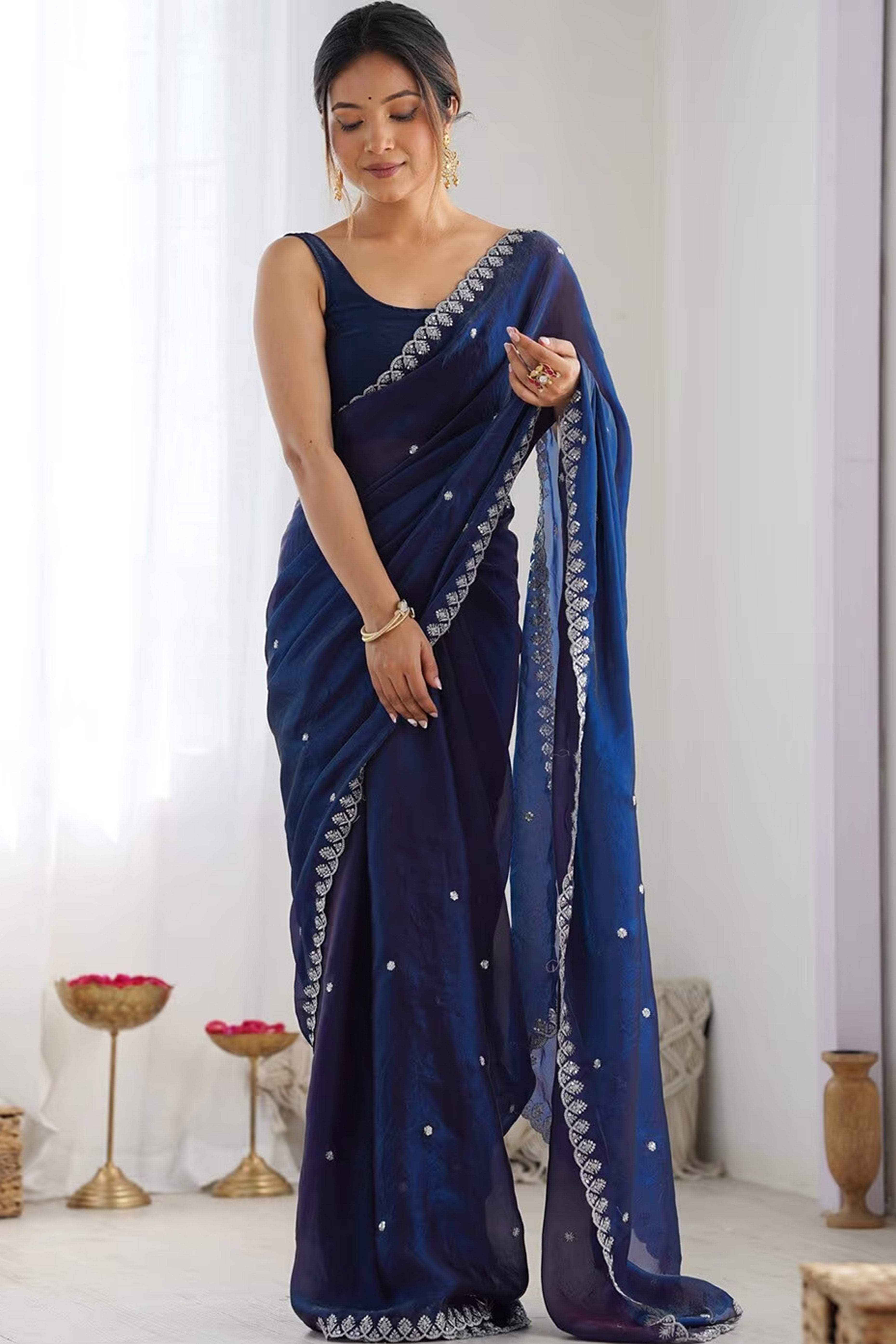 Stunning Navy Blue Organza Satin Silk Saree Adorned With Floral Sequin Zari Embroidery Work