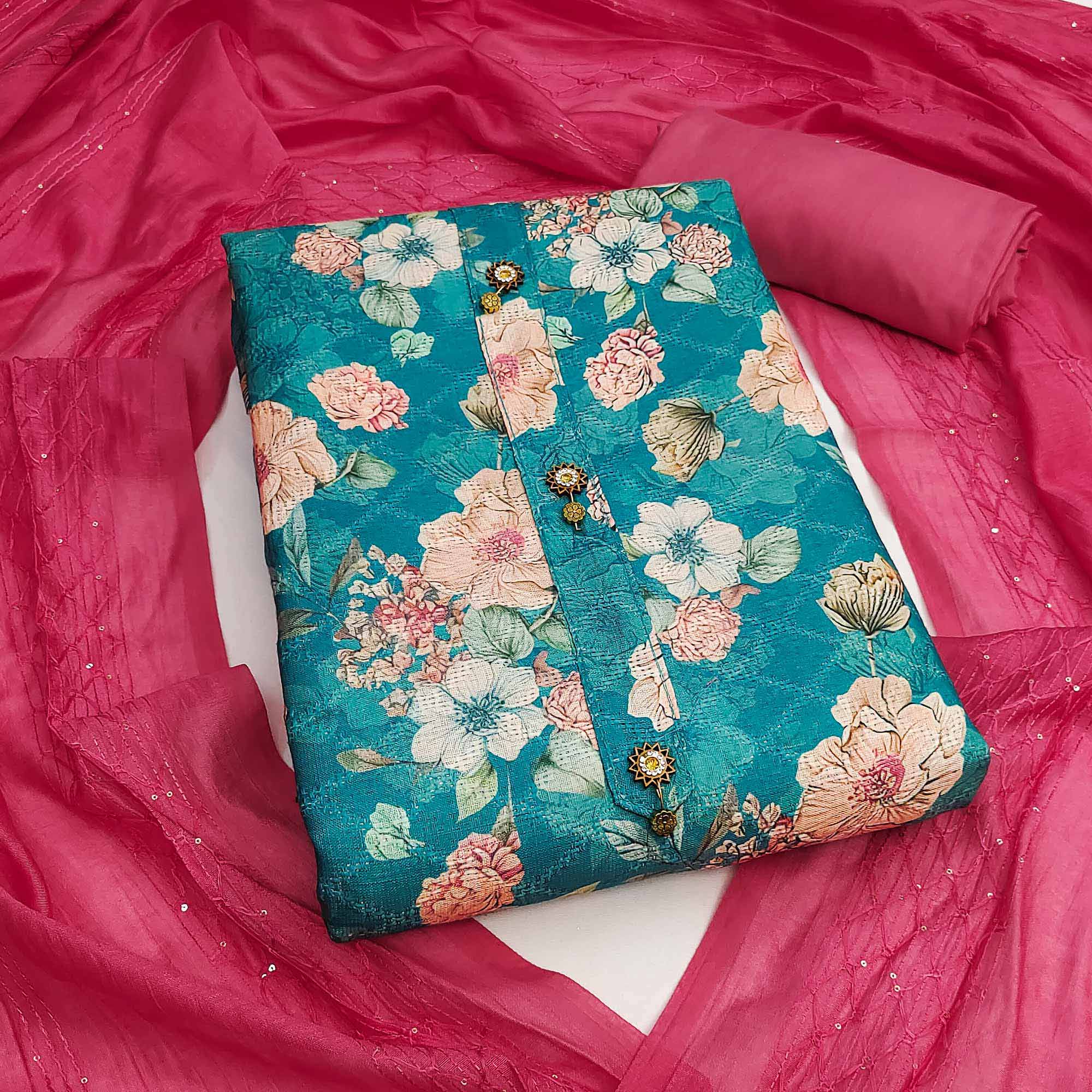 Teal Linen Dress Material with Floral Prints for Everyday Elegance