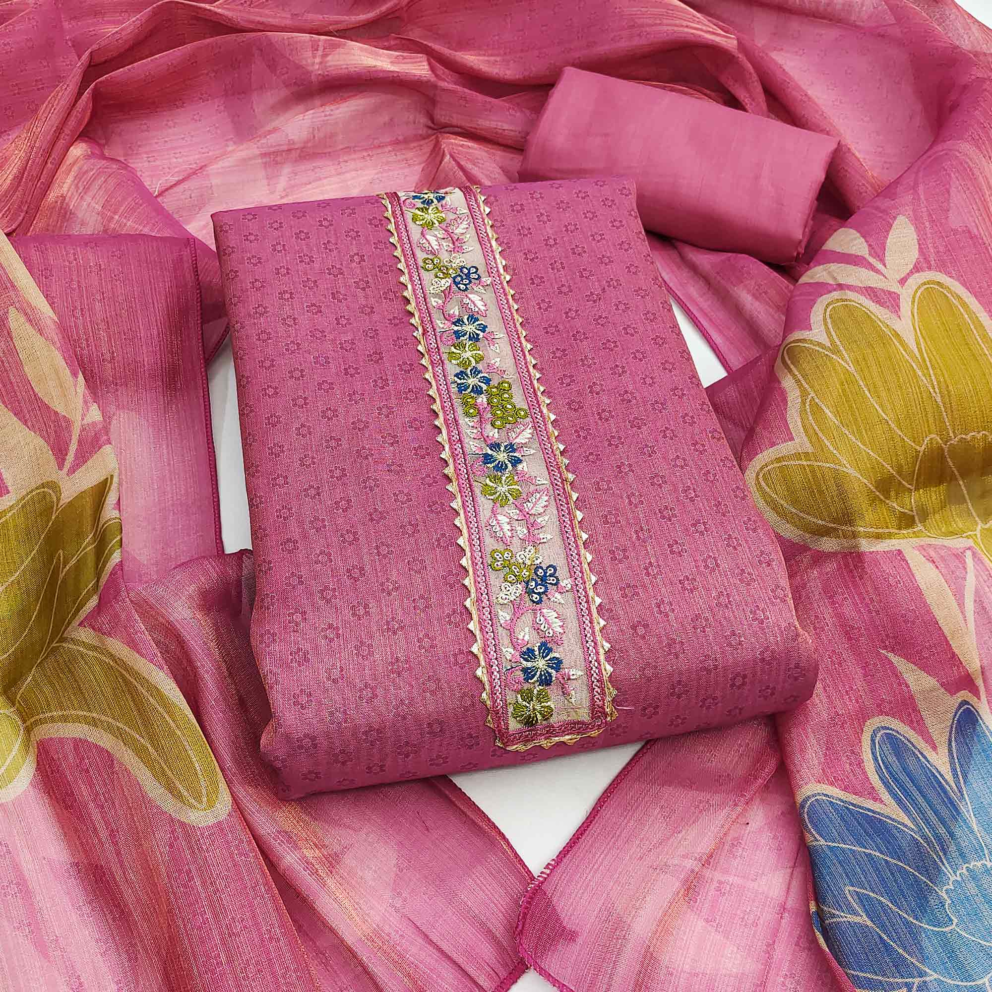Pink Art Silk Dress Material Adorned with Soft Floral Prints for a Regal Ethnic Touch