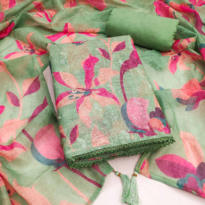 Green Linen Dress Material Adorned with Artistic Floral Print and Elegant Thread Embroidery