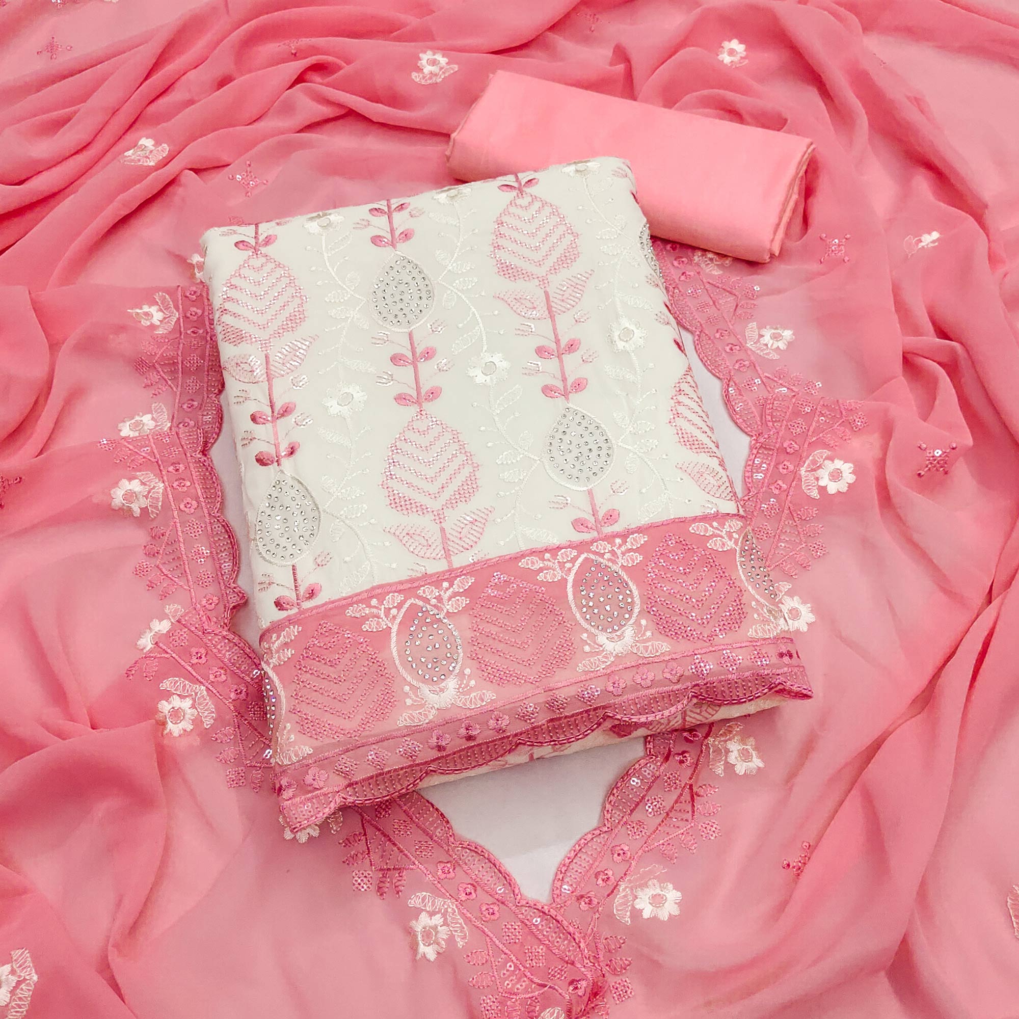 Premium Georgette Dress Material in Pink & Cream with Refined Floral Embroidery