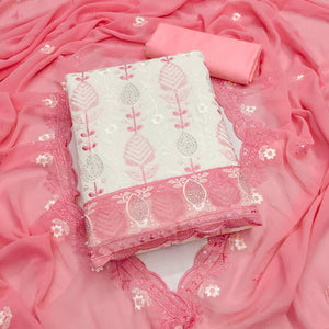 Premium Georgette Dress Material in Pink & Cream with Refined Floral Embroidery