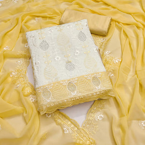 Premium Georgette Dress Material in Yellow & Cream with Refined Floral Embroidery