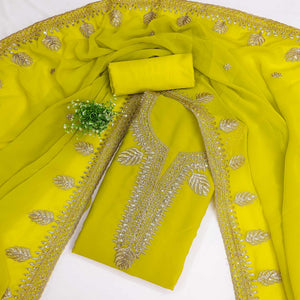 Lemon Green Ethnic Dress Material in Georgette with Embroidery