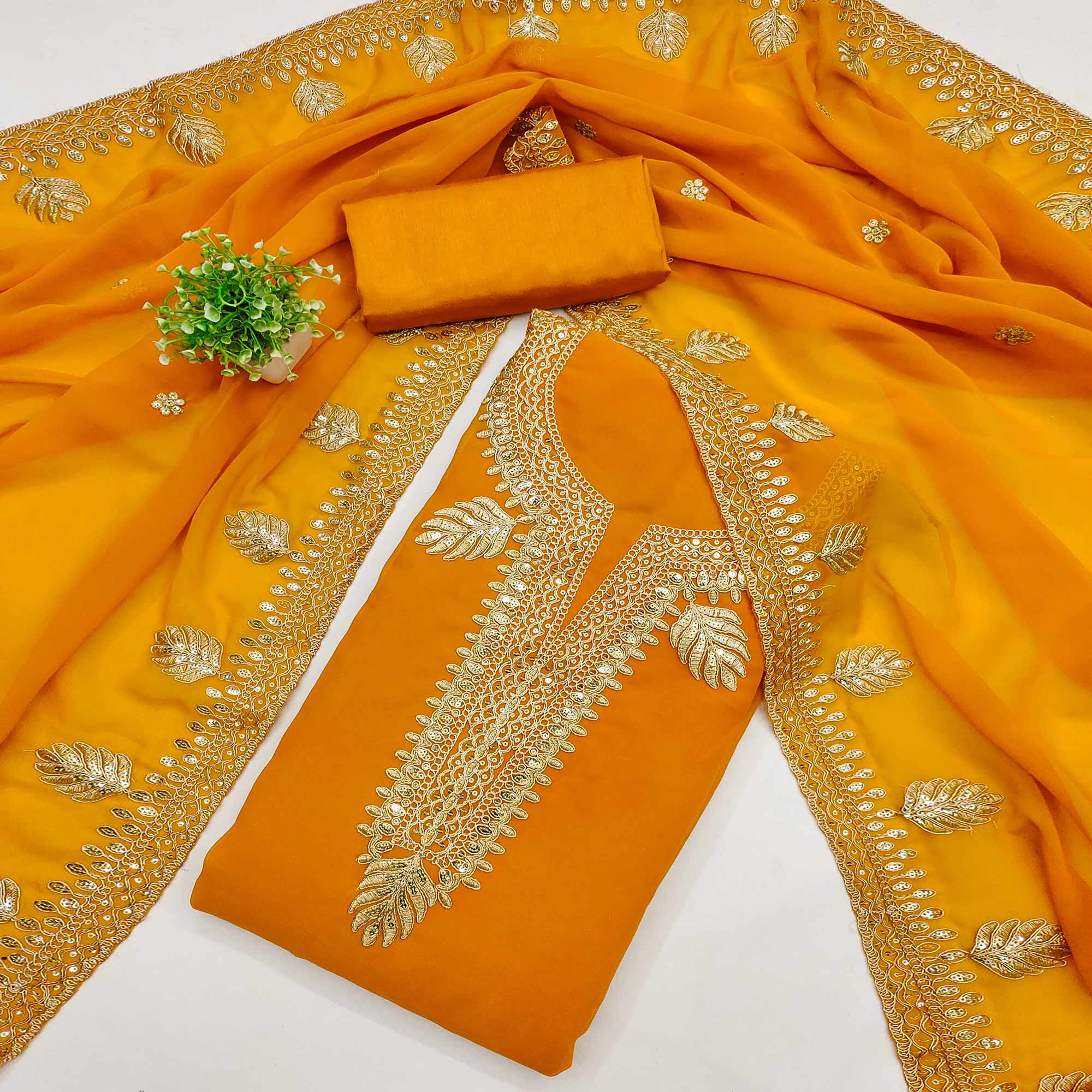 Orange Ethnic Dress Material in Georgette with Embroidery