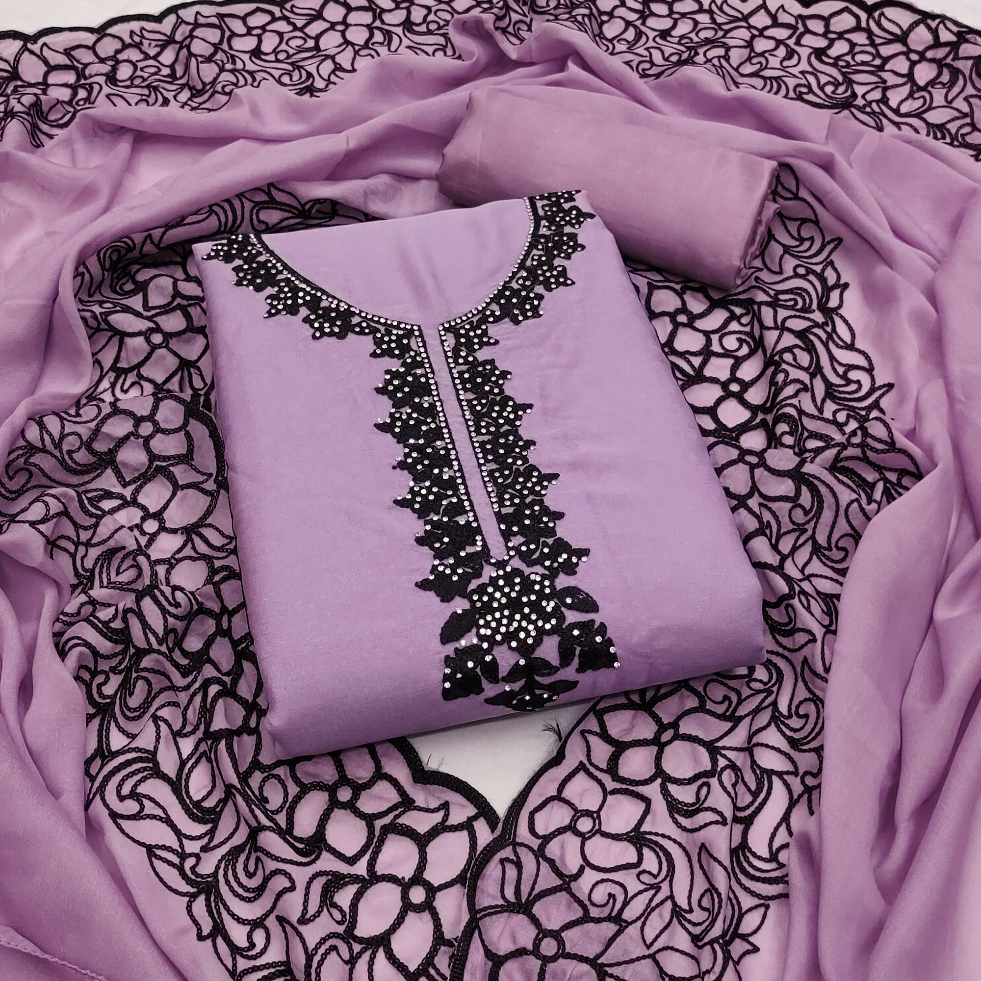 Purple Unstitched Georgette Dress Material Featuring Thread Detailing