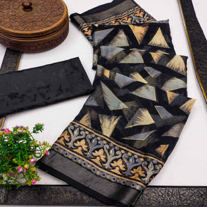 Black Saree in Brasso with Contemporary Geometric Print