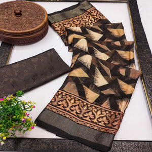 Dark Brown Saree in Brasso with Contemporary Geometric Print