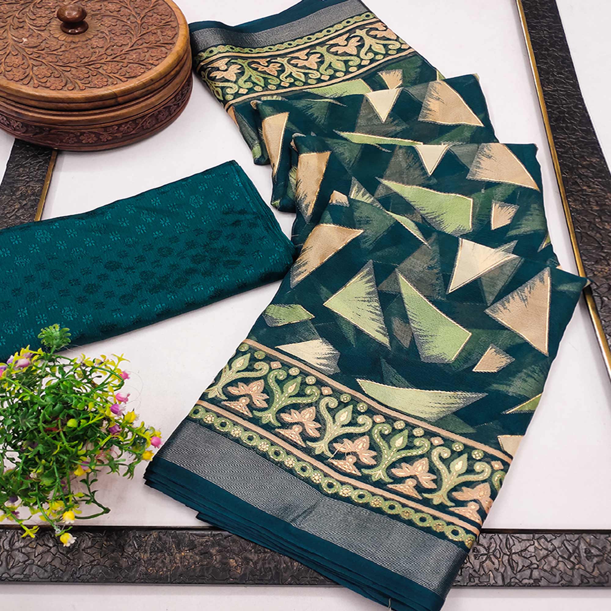 Teal Saree in Brasso with Contemporary Geometric Print