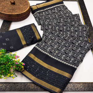 Black Printed Dola Silk Saree Showcasing Warli Heritage Patterns