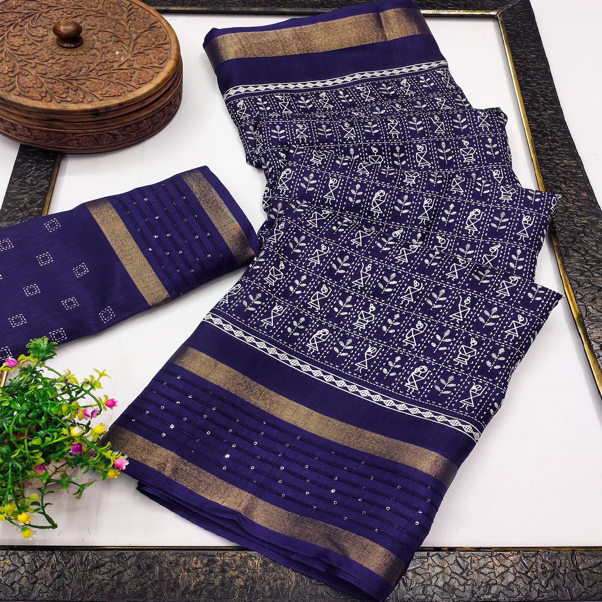 Blue Printed Dola Silk Saree Showcasing Warli Heritage Patterns