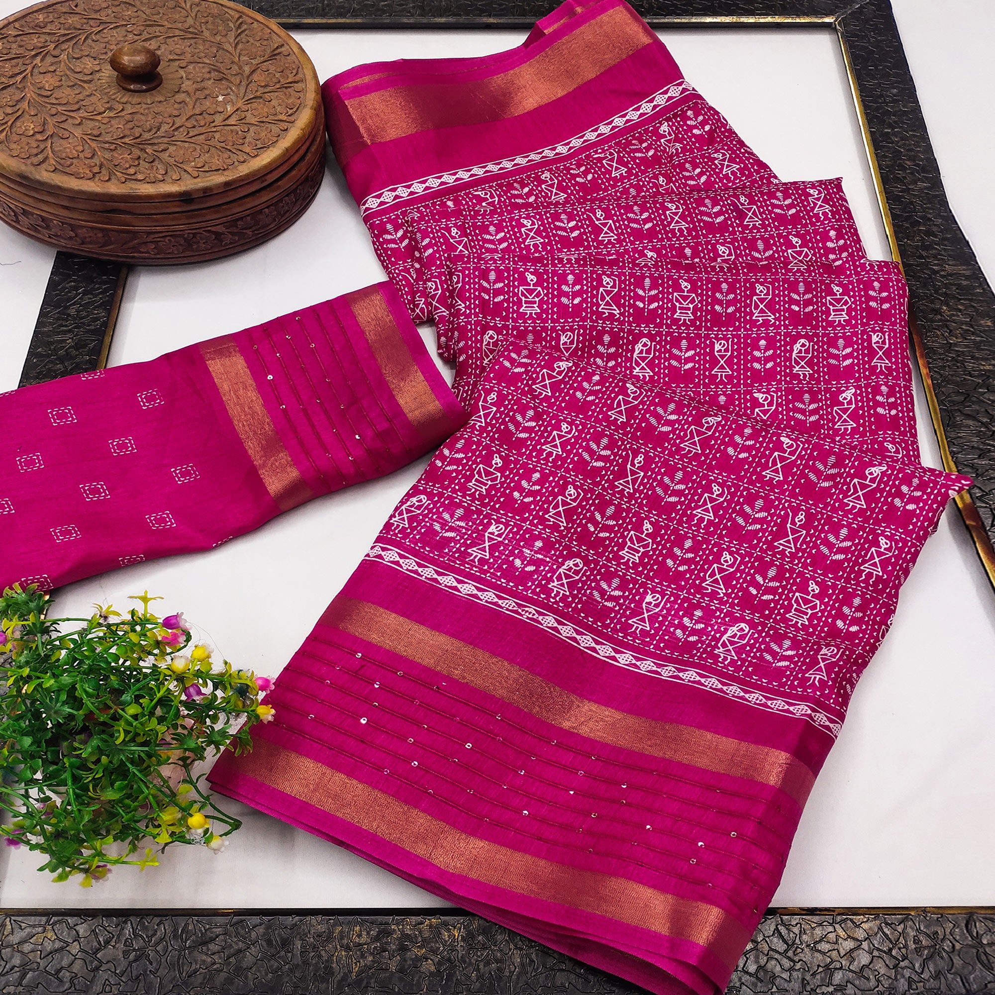 Pink Printed Dola Silk Saree Showcasing Warli Heritage Patterns