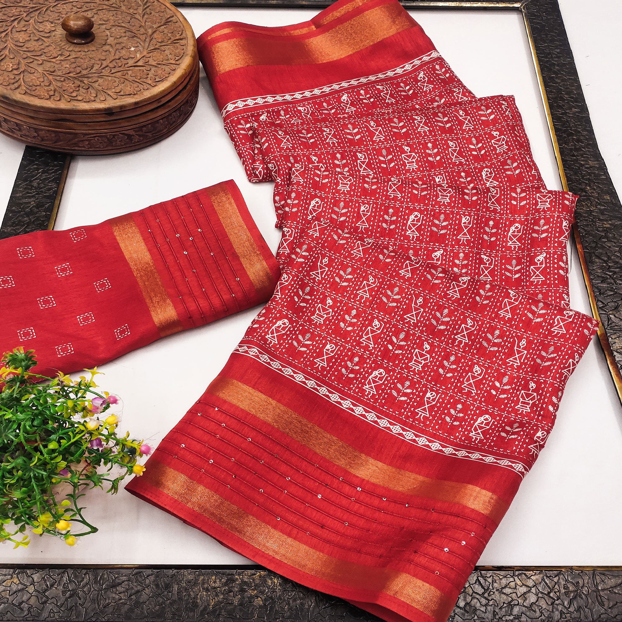 Red Printed Dola Silk Saree Showcasing Warli Heritage Patterns