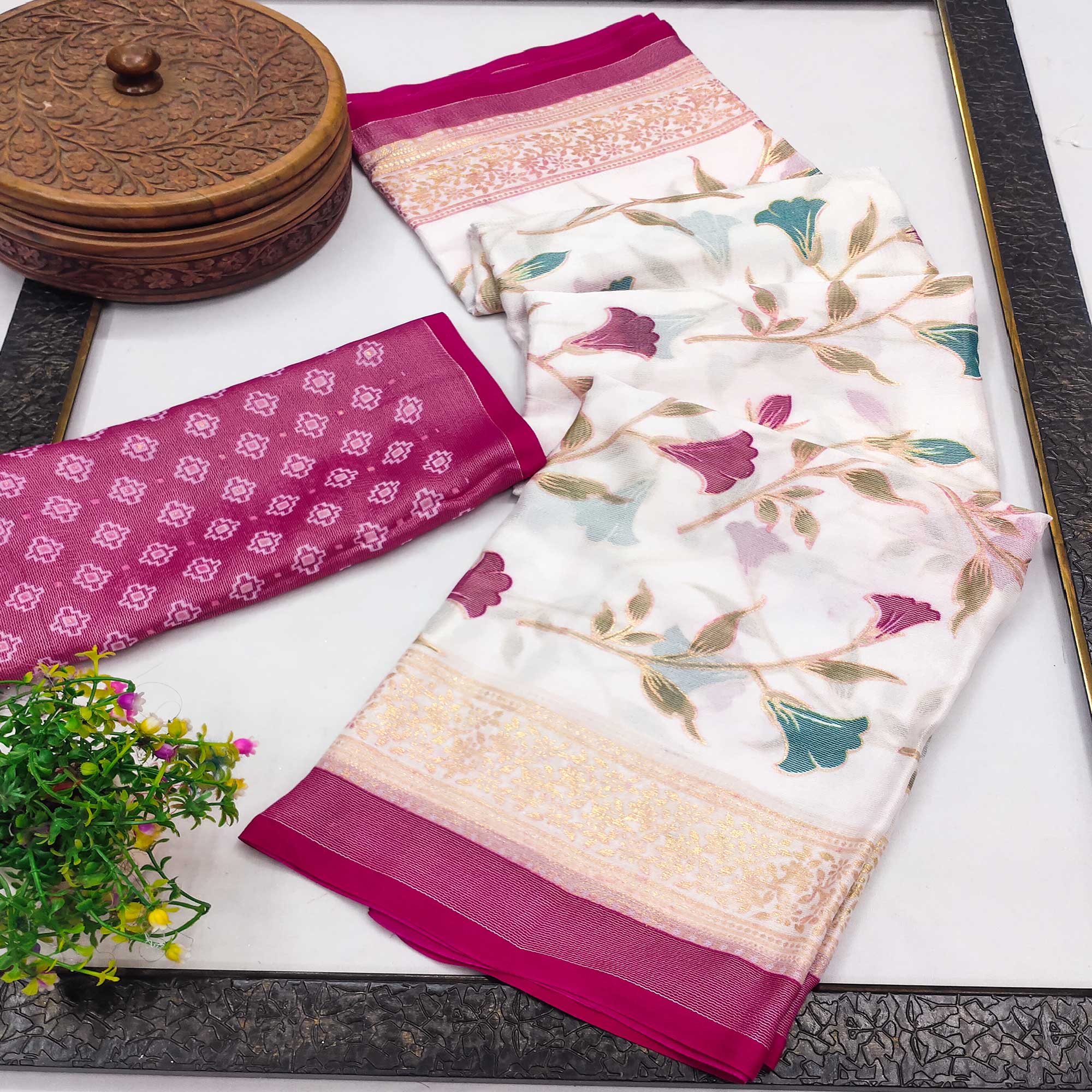 Pink Sheer Brasso Saree Embellished with Floral Foil Print