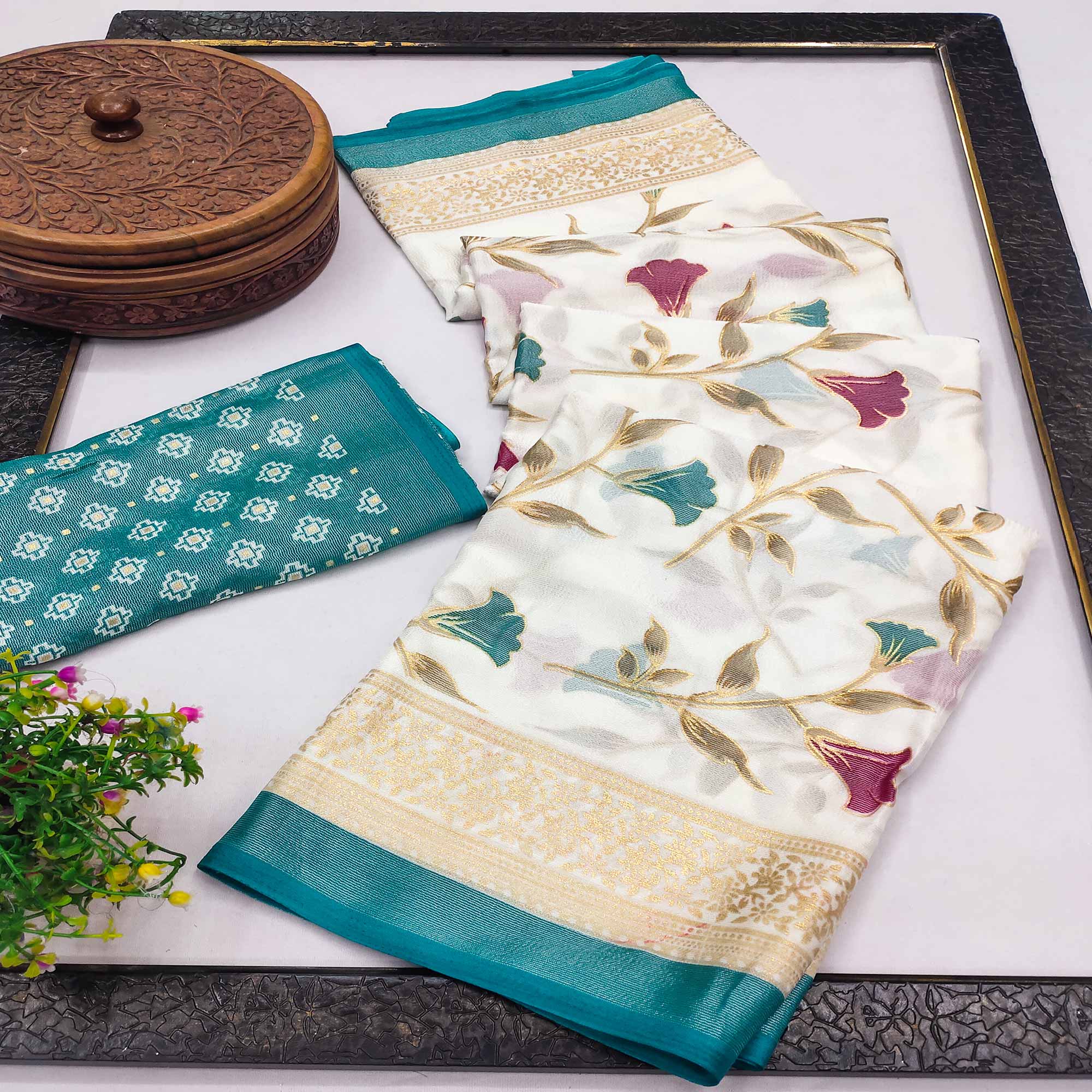 Rama Blue Sheer Brasso Saree Embellished with Floral Foil Print
