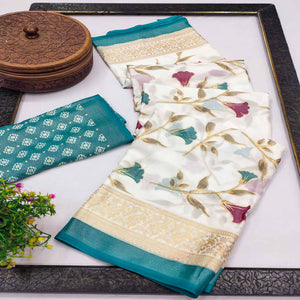 Rama Blue Sheer Brasso Saree Embellished with Floral Foil Print
