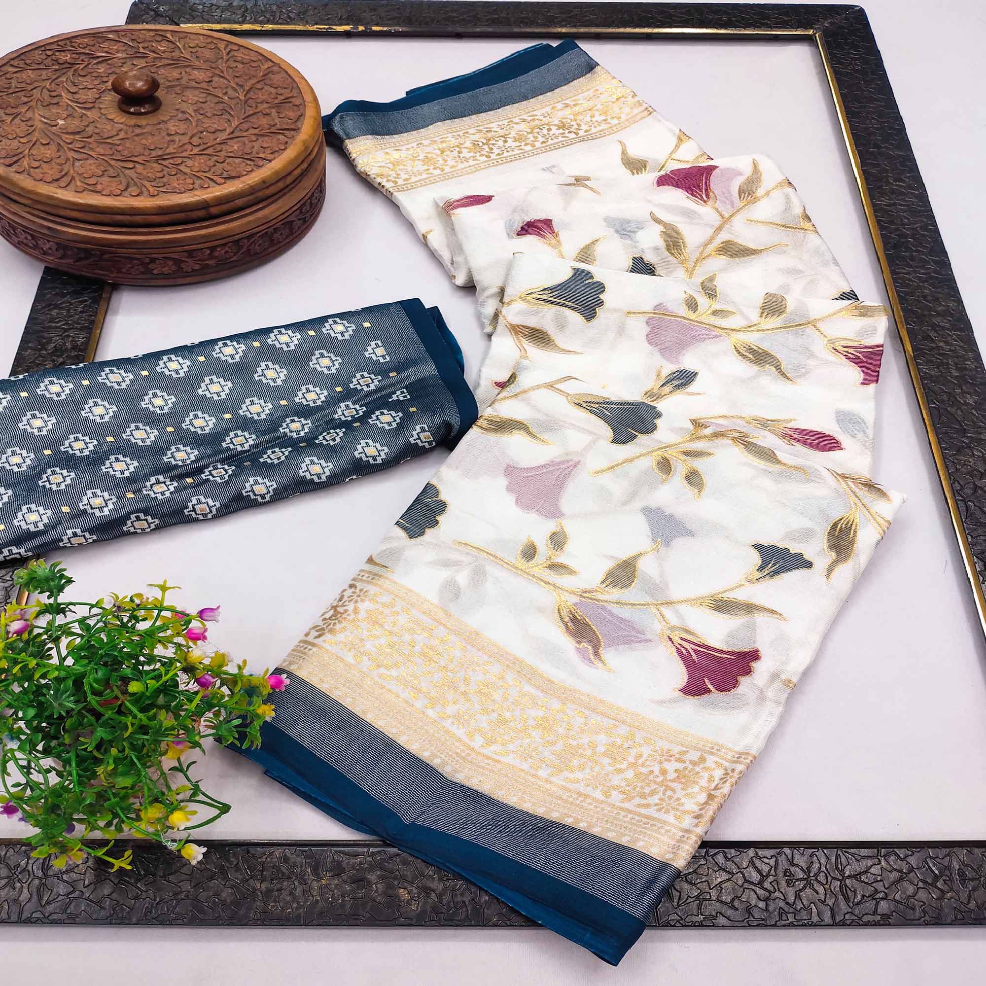 Teal Sheer Brasso Saree Embellished with Floral Foil Print