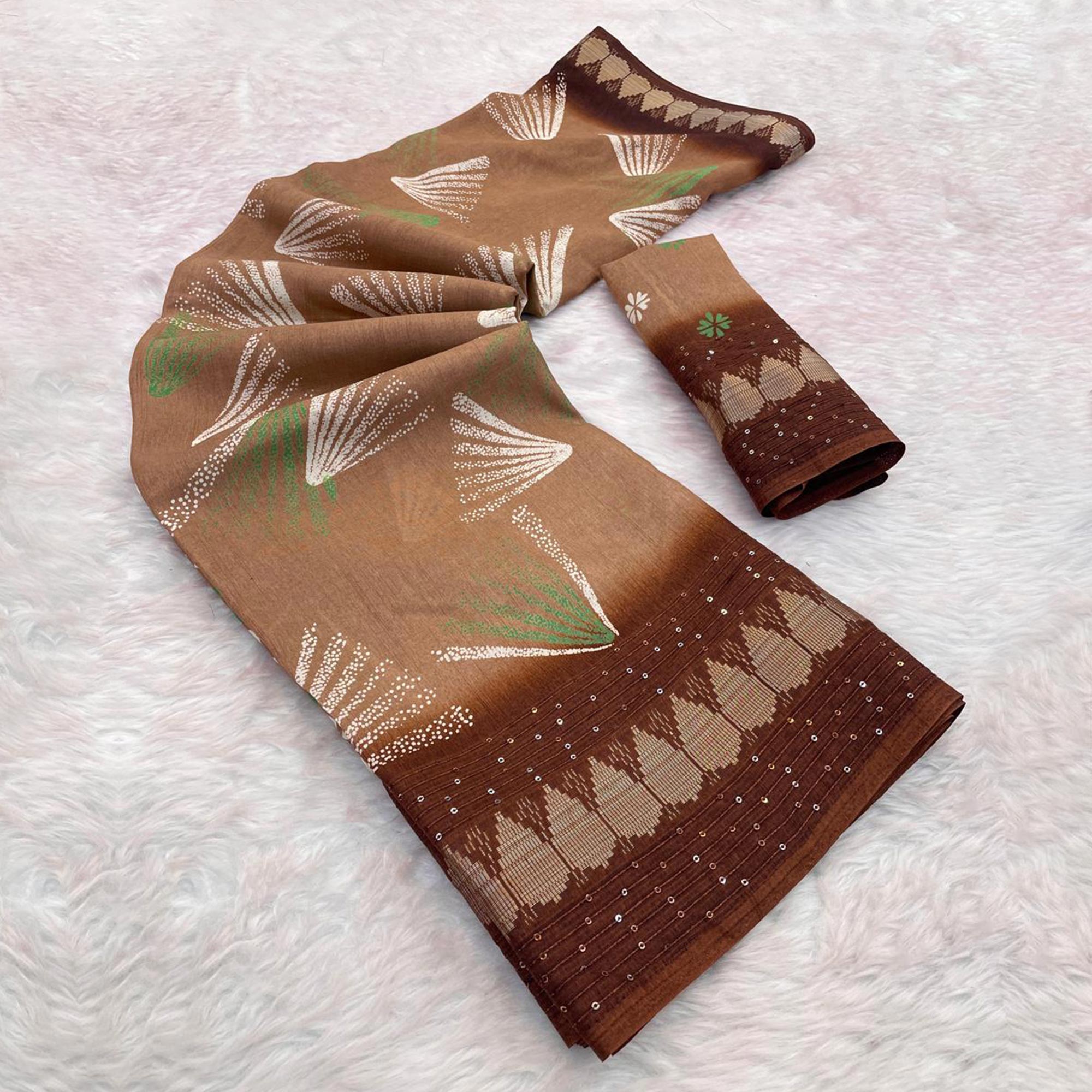 Brown Printed Dola Silk Saree with Contrast Woven Border Charm