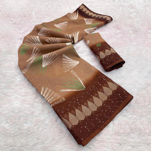 Brown Printed Dola Silk Saree with Contrast Woven Border Charm