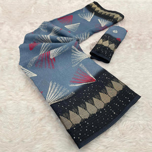 Grey Printed Dola Silk Saree with Contrast Woven Border Charm