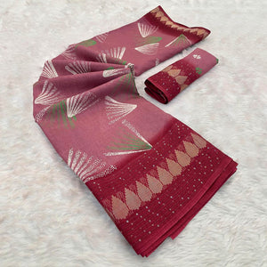 Red Printed Dola Silk Saree with Contrast Woven Border Charm