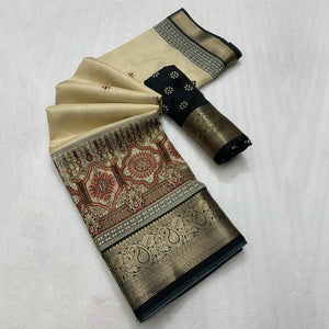 Black Woven Border Saree in Lustrous Dola Silk with Print Accents