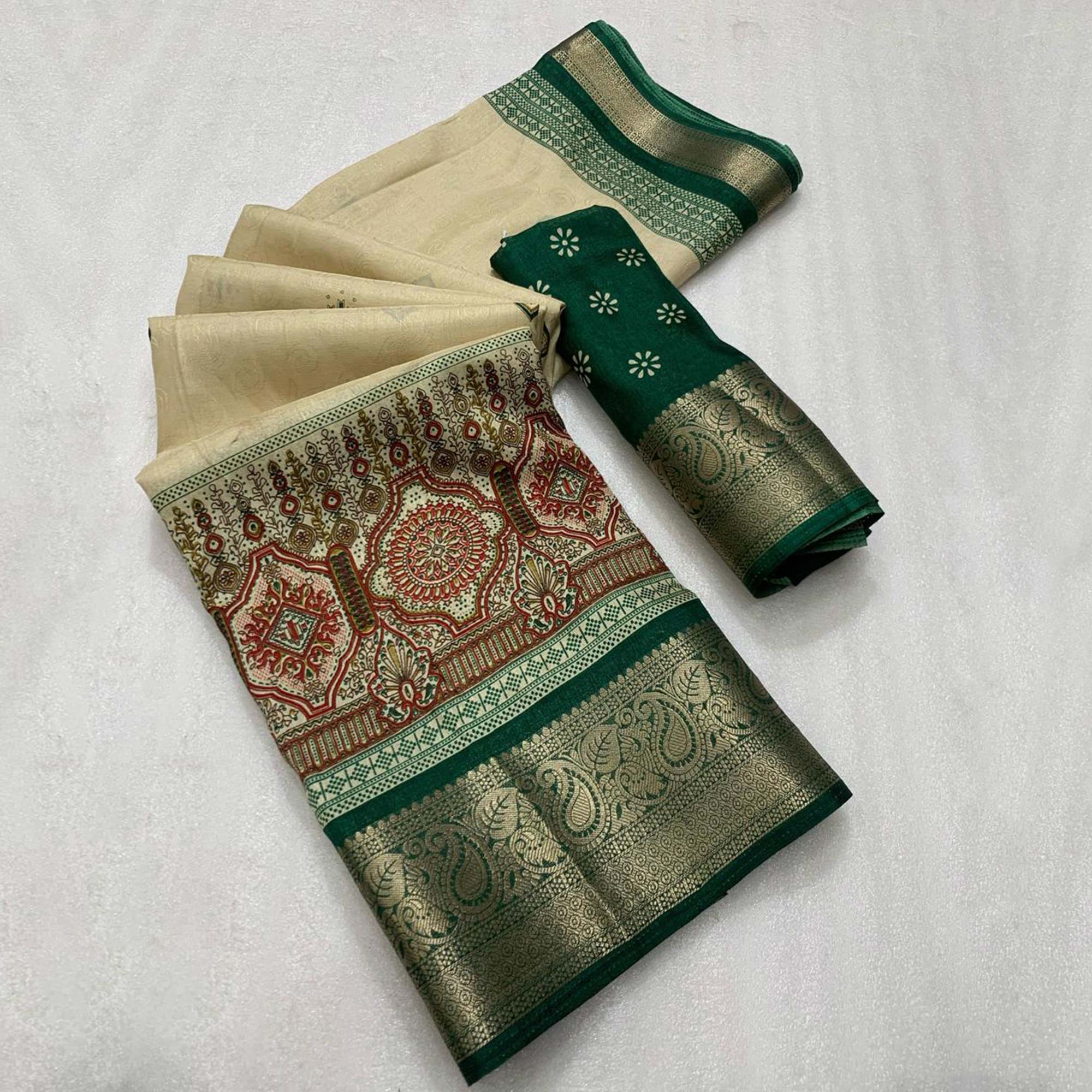 Green Woven Border Saree in Lustrous Dola Silk with Print Accents