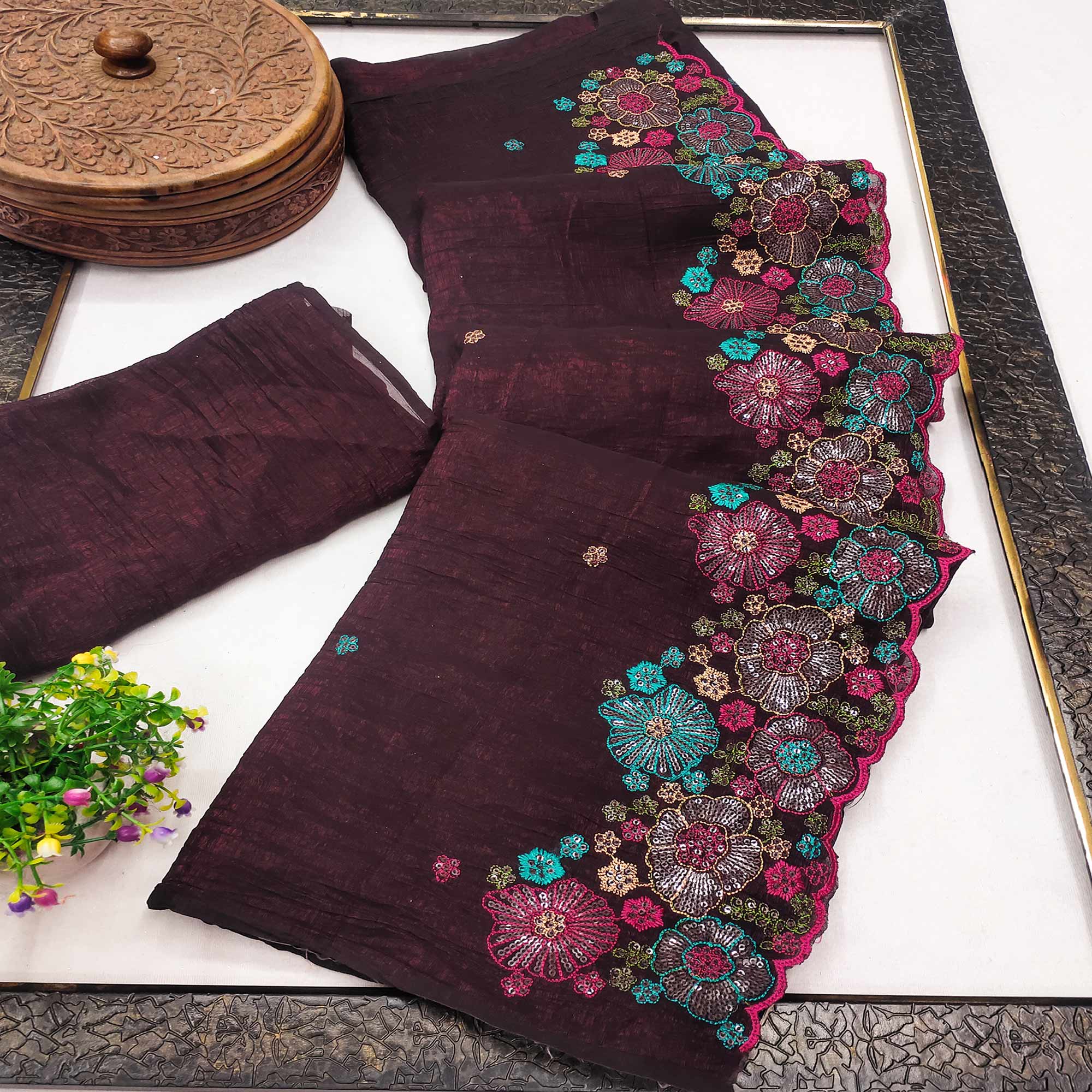 Wine Sheer Chiffon Saree with Artistic Floral Sequins Work
