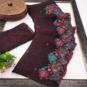 Wine Sheer Chiffon Saree with Artistic Floral Sequins Work