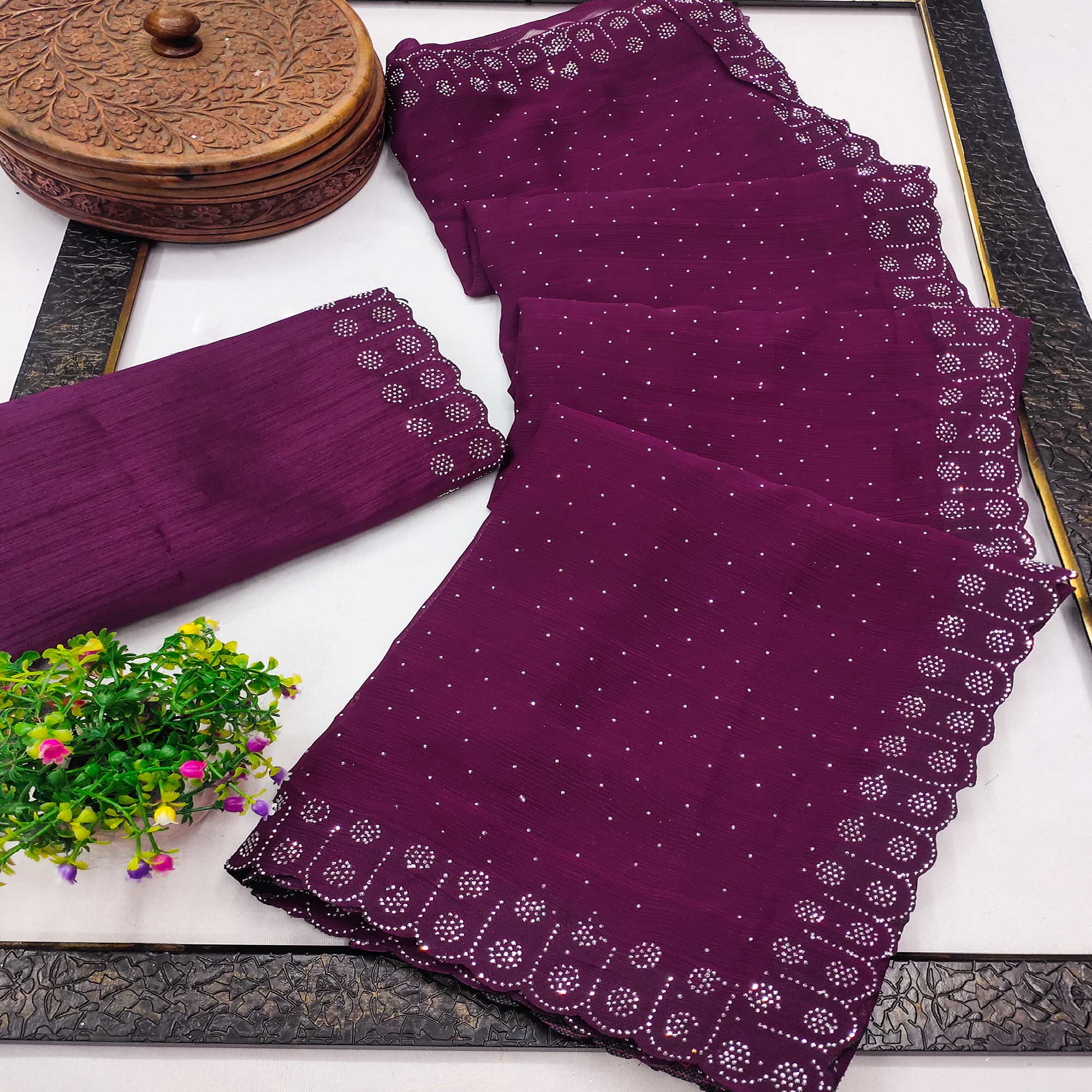 Chiffon Saree in Purple with Sparkling Stone Work Finish