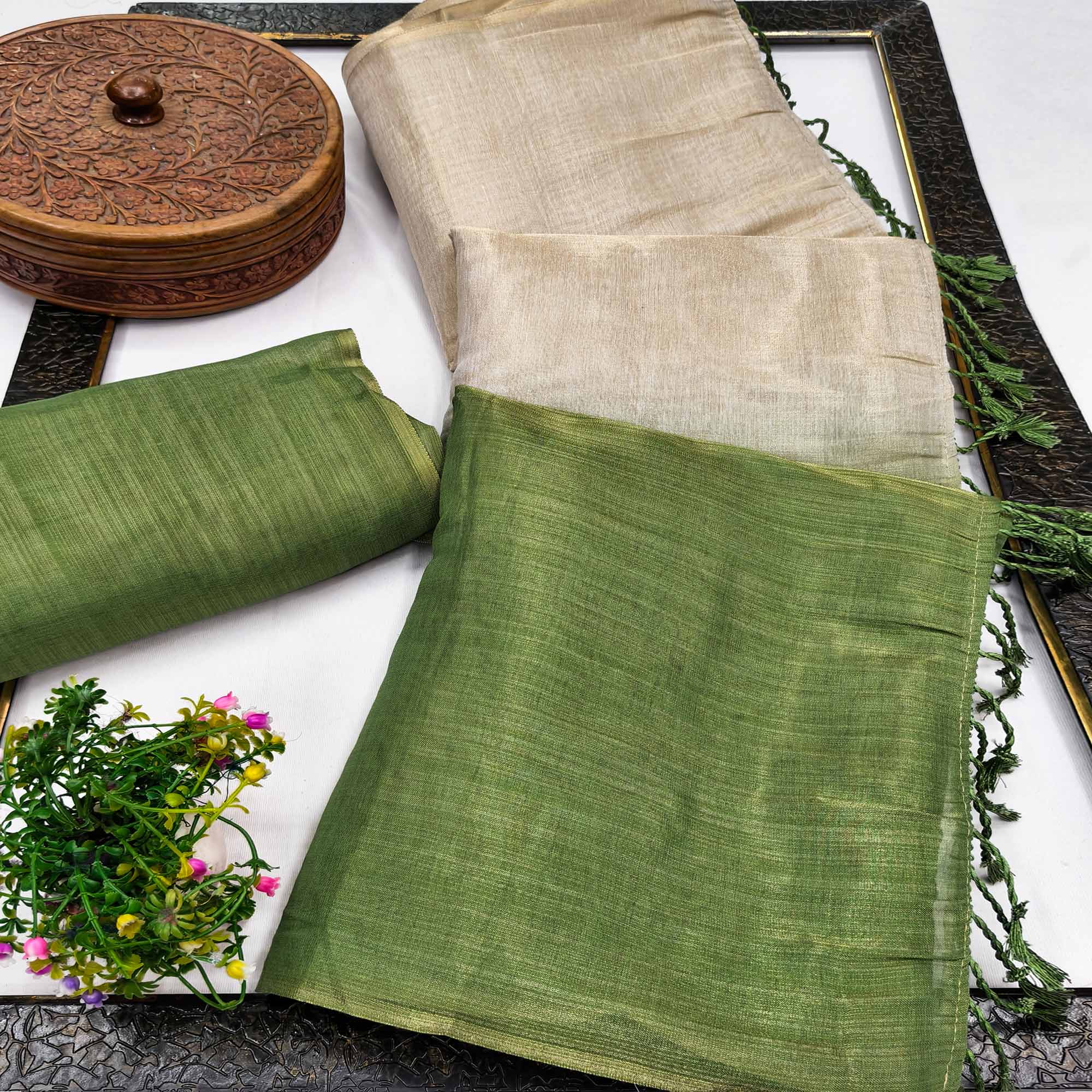 Solid Color Chikoo & Green Saree in Art Silk with Decorative Ends