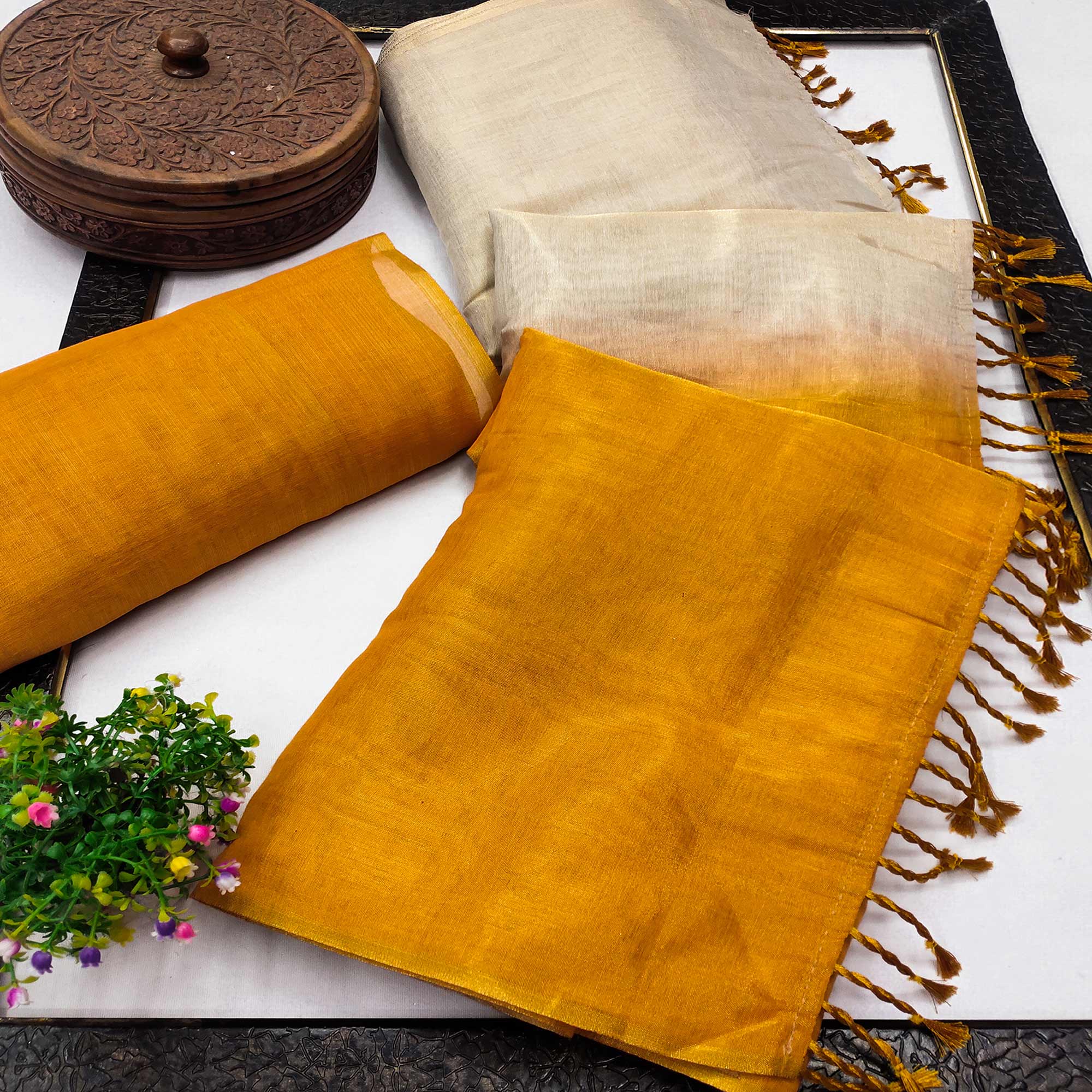 Solid Color Chikoo & Mustard Saree in Art Silk with Decorative Ends