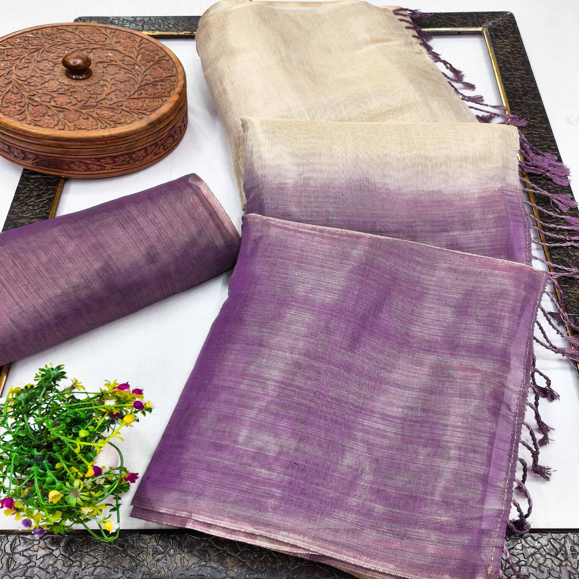 Solid Color Chikoo & Purple Saree in Art Silk with Decorative Ends