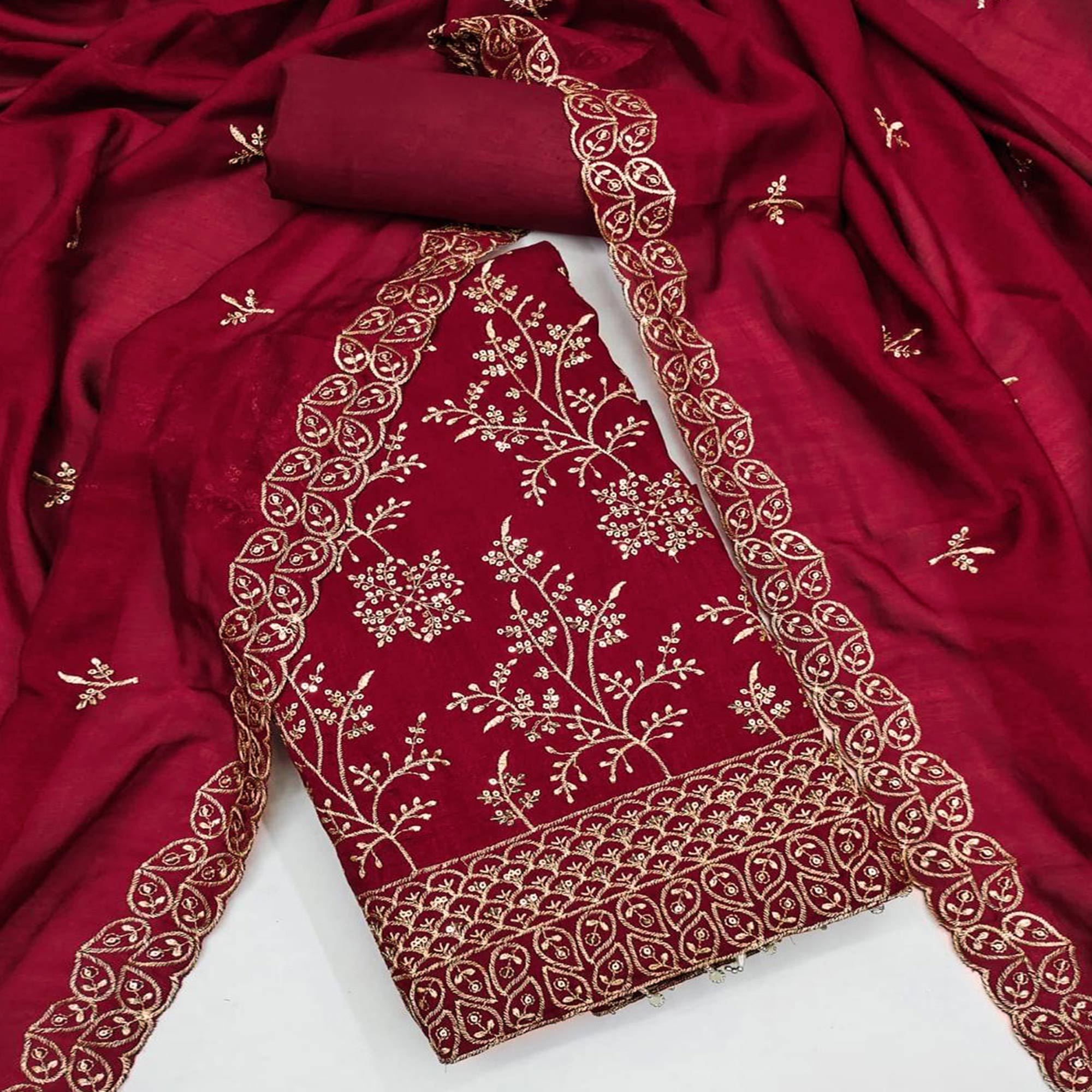 Maroon Vichitra Silk Dress Material with Sequins Embroidery