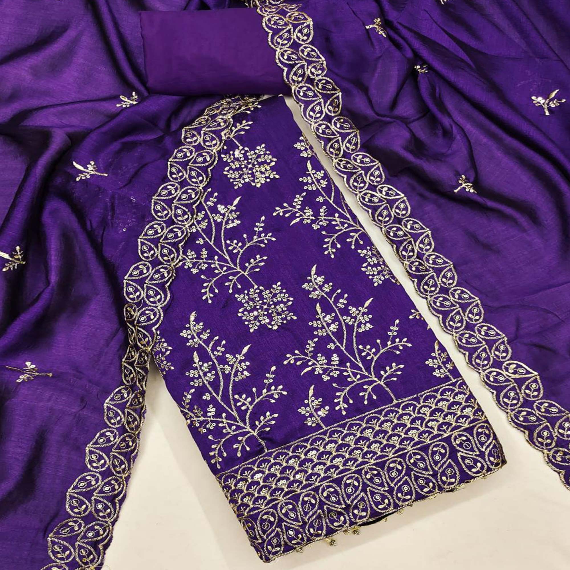 Violet Vichitra Silk Dress Material with Sequins Embroidery