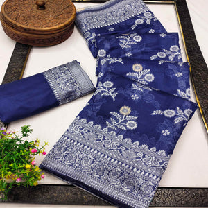 Festive Wear Blue Banarasi Silk Saree with Floral Zari Work