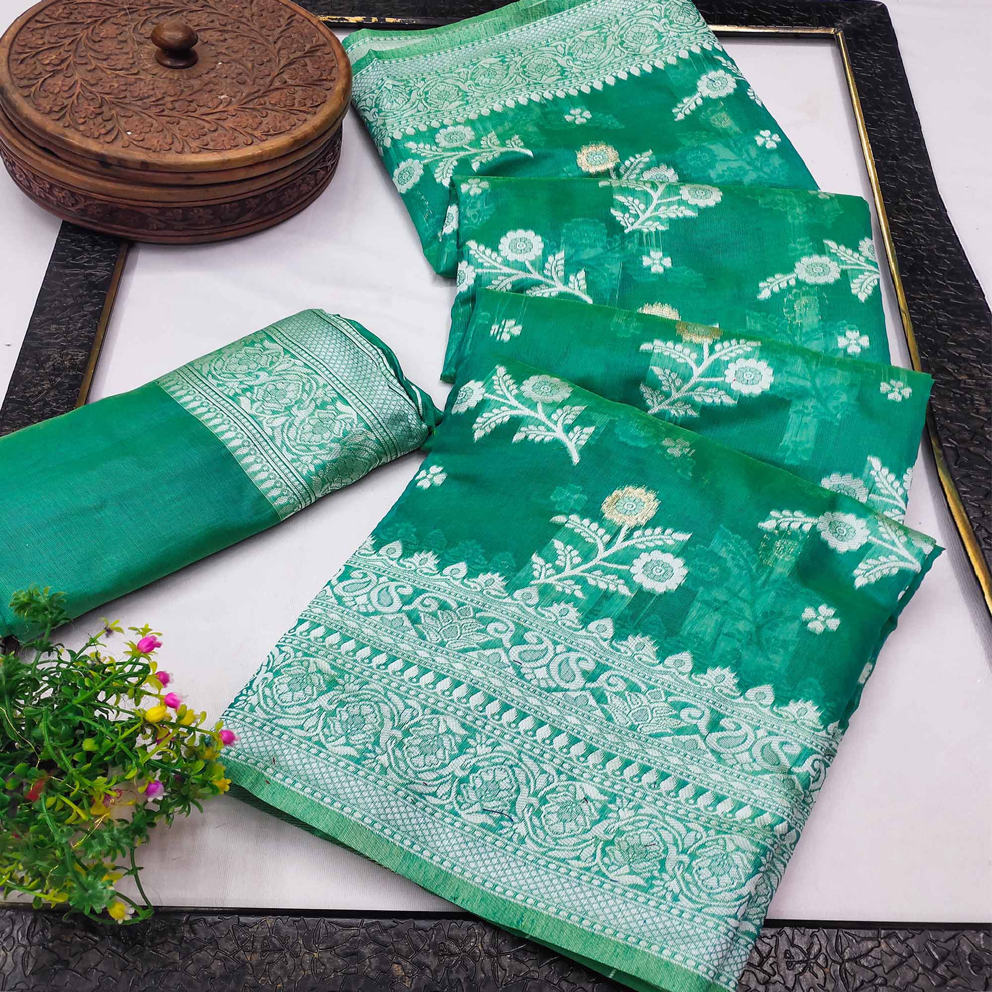Festive Wear Rama Green Banarasi Silk Saree with Floral Zari Work