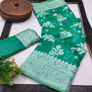 Festive Wear Rama Green Banarasi Silk Saree with Floral Zari Work